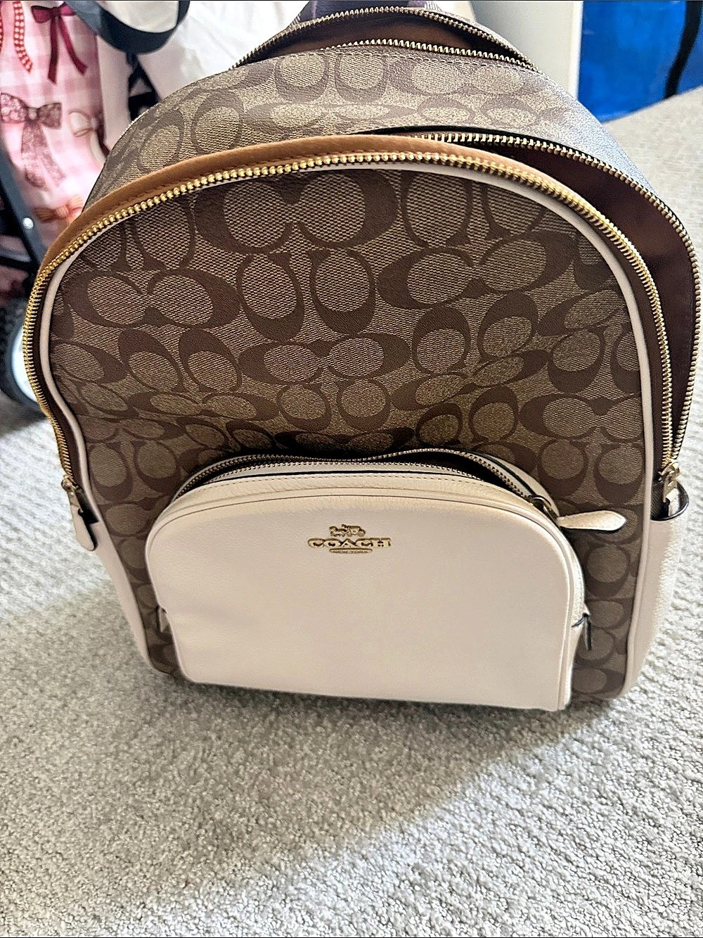 Coach Large Court Backpack In Signature Canvas Signature Canvas Brown & White